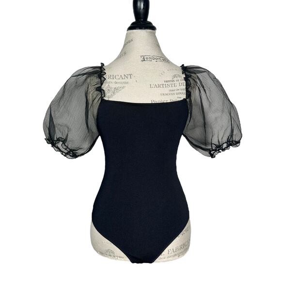 ASTR The Label | Women | Darling Solid Black Sheer Puff Sleeve Bodysuit | Medium - Picture 2 of 13